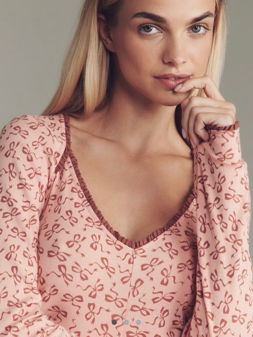 Pink Bow Print V-Neck Long Sleeve Top